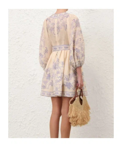 Zimmermann Womens Indra Plunge Linen Mini Dress Cream Lilac Floral In Yellow