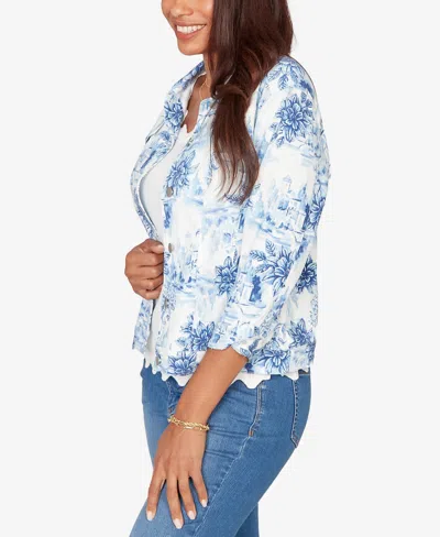 Ruby Rd. Petite Toile Print Button-front Denim Jacket In Blue