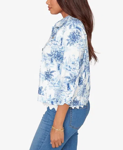 Ruby Rd. Petite Toile Print Button-front Denim Jacket In Blue