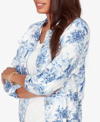 Ruby Rd. Petite Toile Print Button-front Denim Jacket In Blue