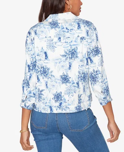 Ruby Rd. Petite Toile Print Button-front Denim Jacket In Blue