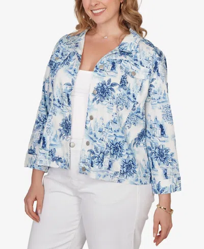 Ruby Rd. Plus Size Toile Print Trademark Denim Jacket In Blue