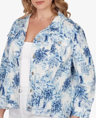 Ruby Rd. Plus Size Toile Print Trademark Denim Jacket In Blue