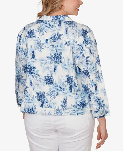 Ruby Rd. Plus Size Toile Print Trademark Denim Jacket In Blue