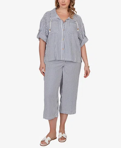 Ruby Rd. Plus Size Beaded Seersucker Portrait Collar Jacket In Blue