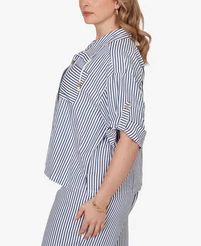 Ruby Rd. Plus Size Beaded Seersucker Portrait Collar Jacket In Blue