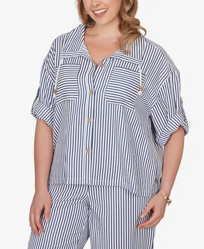 Ruby Rd. Plus Size Beaded Seersucker Portrait Collar Jacket In Blue