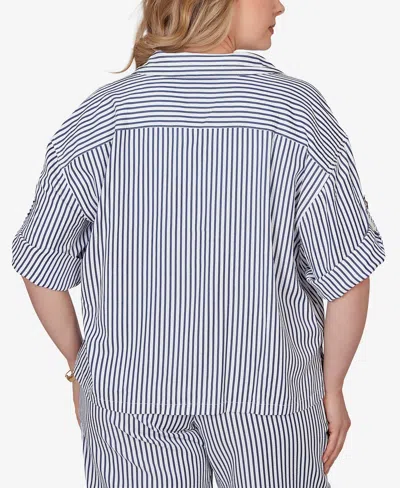 Ruby Rd. Plus Size Beaded Seersucker Portrait Collar Jacket In Blue