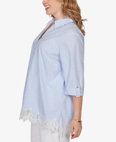Ruby Rd. Plus Size Coastal Stripe Lace-hem Henley Top In Blue