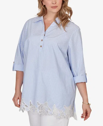 Ruby Rd. Plus Size Coastal Stripe Lace-hem Henley Top In Blue