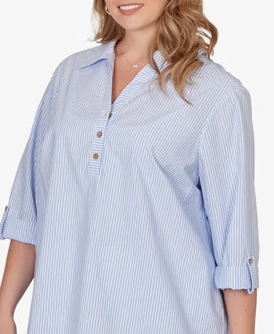 Ruby Rd. Plus Size Coastal Stripe Lace-hem Henley Top In Blue