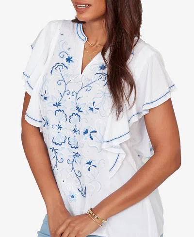 Ruby Rd. Petite Feather-light Embroidered Flutter-sleeve T-shirt In White