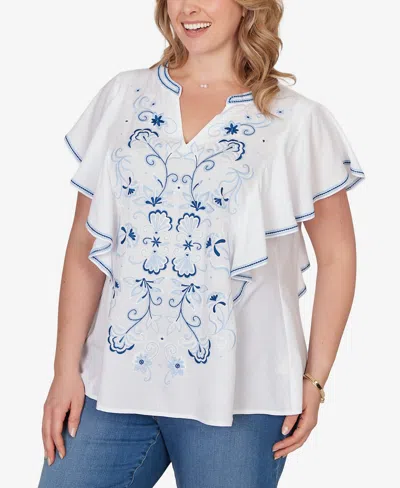 Ruby Rd. Plus Size Featherlight Embroidered Flutter Sleeve T-shirt In White