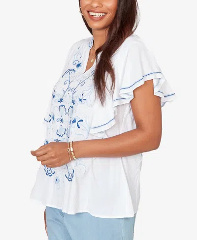 Ruby Rd. Petite Feather-light Embroidered Flutter-sleeve T-shirt In White