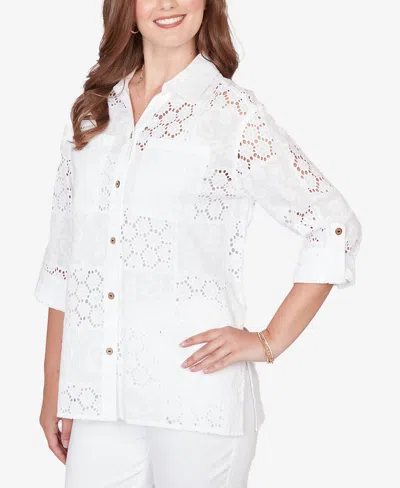Ruby Rd. Petite Patchwork Eyelet Roll-tab-sleeve Top In White