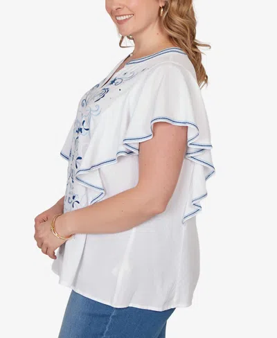 Ruby Rd. Plus Size Featherlight Embroidered Flutter Sleeve T-shirt In White