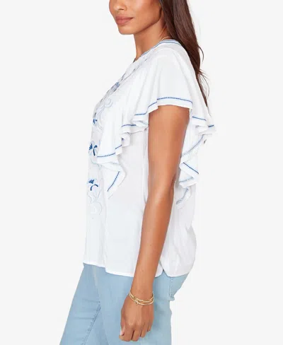 Ruby Rd. Petite Feather-light Embroidered Flutter-sleeve T-shirt In White