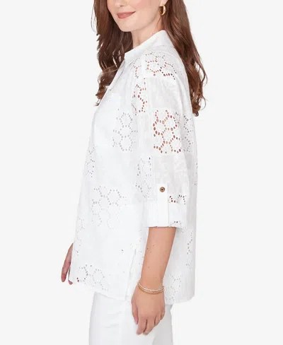 Ruby Rd. Petite Patchwork Eyelet Roll-tab-sleeve Top In White