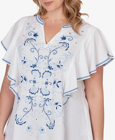 Ruby Rd. Plus Size Featherlight Embroidered Flutter Sleeve T-shirt In White