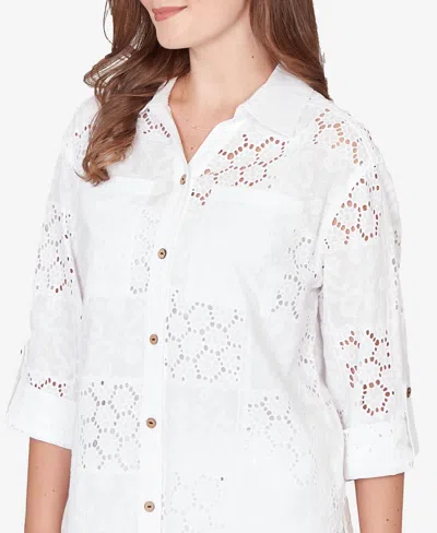 Ruby Rd. Petite Patchwork Eyelet Roll-tab-sleeve Top In White