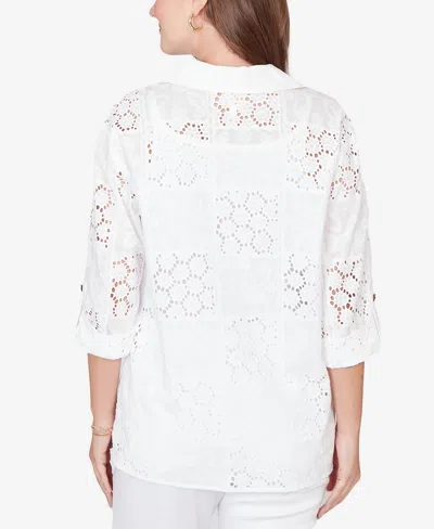 Ruby Rd. Petite Patchwork Eyelet Roll-tab-sleeve Top In White