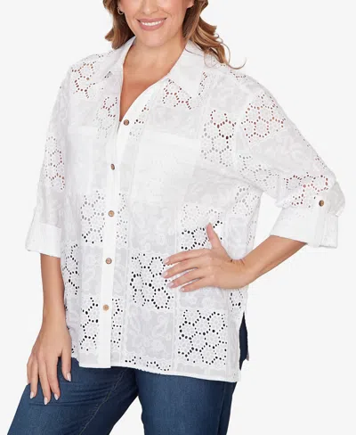 Ruby Rd. Plus Size Patchwork Eyelet Roll-tab Sleeve Top In White