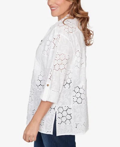 Ruby Rd. Plus Size Patchwork Eyelet Roll-tab Sleeve Top In White
