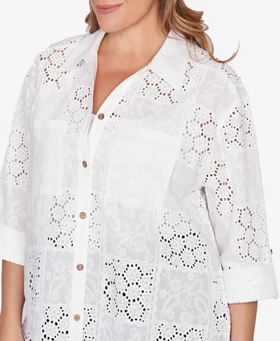 Ruby Rd. Plus Size Patchwork Eyelet Roll-tab Sleeve Top In White