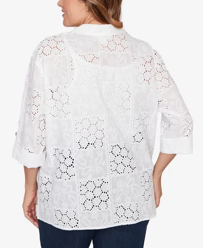 Ruby Rd. Plus Size Patchwork Eyelet Roll-tab Sleeve Top In White