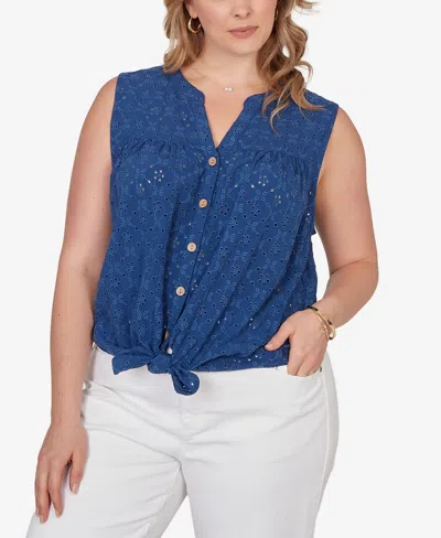 Ruby Rd. Plus Size Tie-front Eyelet Sleeveless Top In Blue