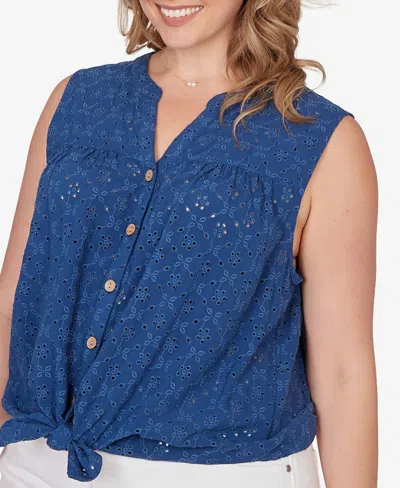 Ruby Rd. Plus Size Tie-front Eyelet Sleeveless Top In Blue