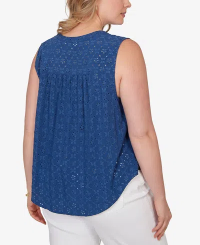 Ruby Rd. Plus Size Tie-front Eyelet Sleeveless Top In Blue