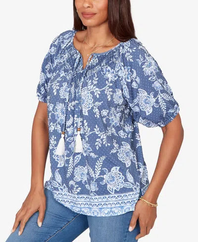 Ruby Rd. Petite Smocked Floral Clip Dot Top In Blue