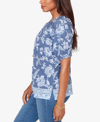 Ruby Rd. Petite Smocked Floral Clip Dot Top In Blue