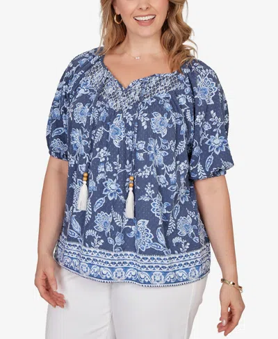 Ruby Rd. Ruby Rd Floral Split Neck Clip Dot Top In Blue