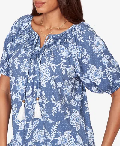 Ruby Rd. Petite Smocked Floral Clip Dot Top In Blue