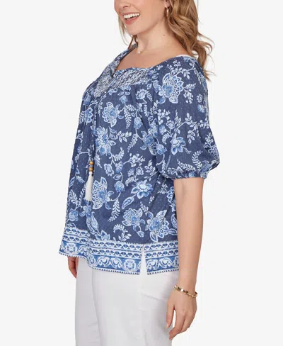 Ruby Rd. Ruby Rd Floral Split Neck Clip Dot Top In Blue