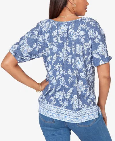 Ruby Rd. Petite Smocked Floral Clip Dot Top In Blue