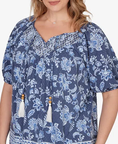 Ruby Rd. Ruby Rd Floral Split Neck Clip Dot Top In Blue