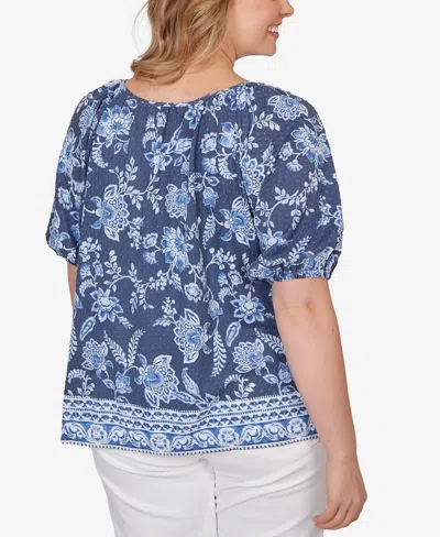 Ruby Rd. Ruby Rd Floral Split Neck Clip Dot Top In Blue