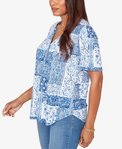 Ruby Rd. Petite Patchwork Bandana Henley T-shirt In Blue