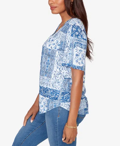 Ruby Rd. Petite Patchwork Bandana Henley T-shirt In Blue