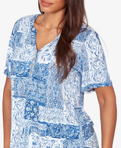 Ruby Rd. Petite Patchwork Bandana Henley T-shirt In Blue