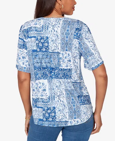 Ruby Rd. Petite Patchwork Bandana Henley T-shirt In Blue