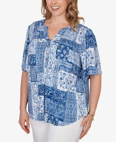 Ruby Rd. Plus Size Patchwork Bandana Henley T-shirt In Blue