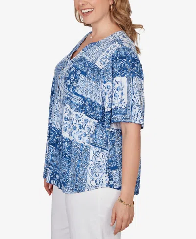 Ruby Rd. Plus Size Patchwork Bandana Henley T-shirt In Blue