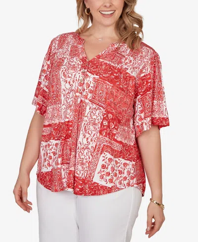 Ruby Rd. Plus Size Patchwork Bandana Henley T-shirt In Red