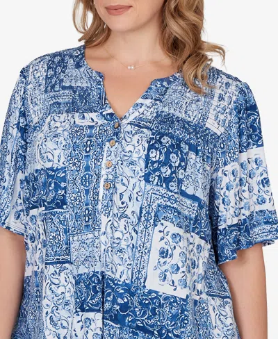 Ruby Rd. Plus Size Patchwork Bandana Henley T-shirt In Blue