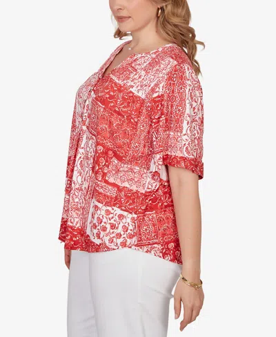 Ruby Rd. Plus Size Patchwork Bandana Henley T-shirt In Red