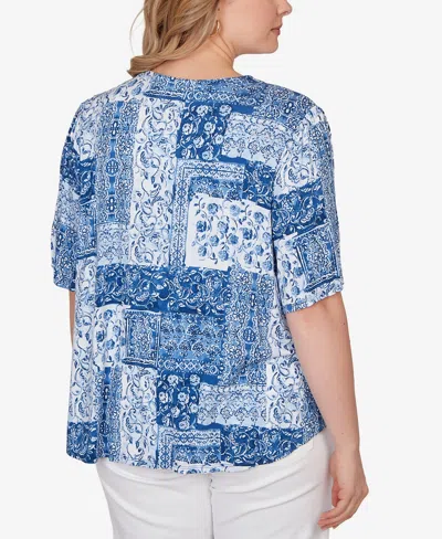 Ruby Rd. Plus Size Patchwork Bandana Henley T-shirt In Blue